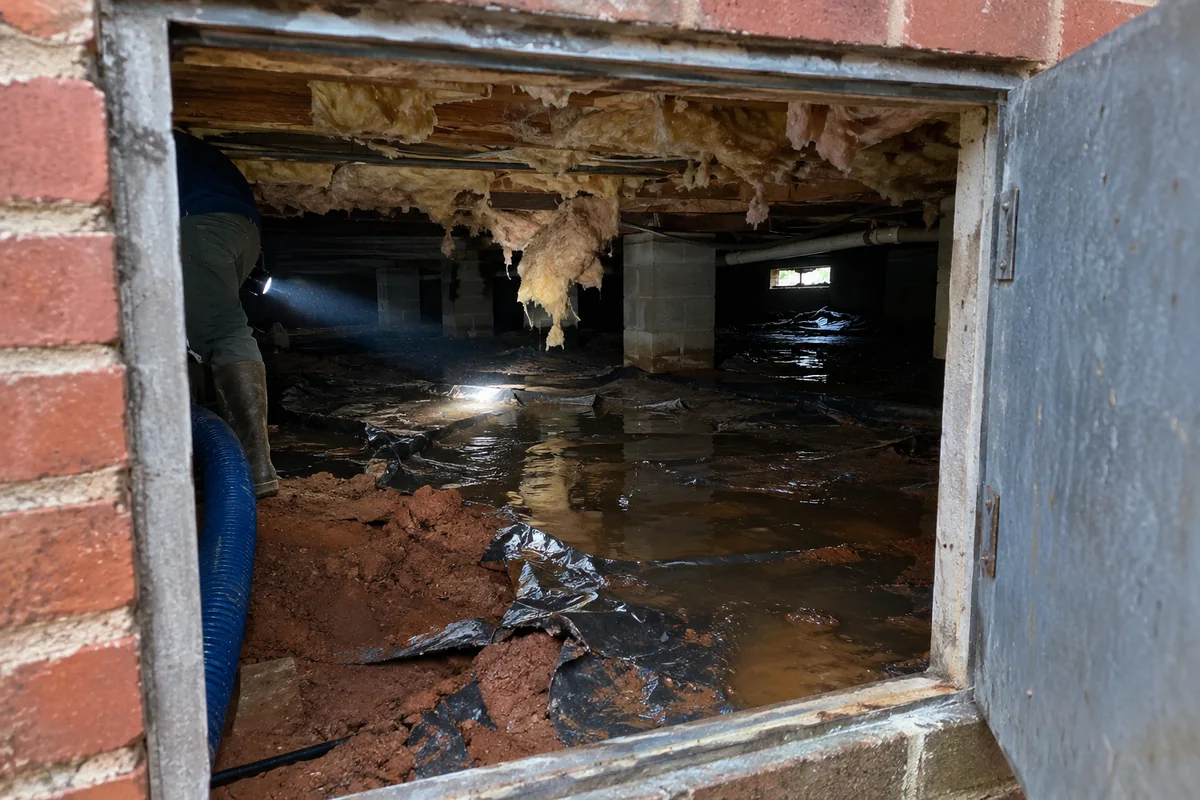 Standing water and sagging insulation in a North Carolina crawl space viewed through the access door
