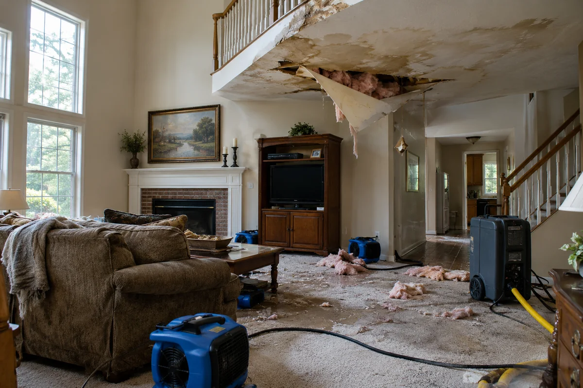 Collapsed ceiling drywall below a burst pipe in a two-story Cary home