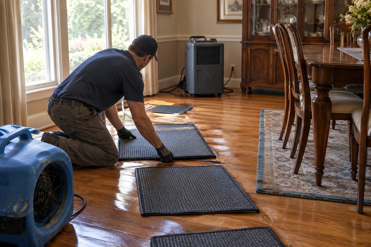 Water-damaged hardwood floor and baseboards in a Charlotte-area home with drying equipment set up