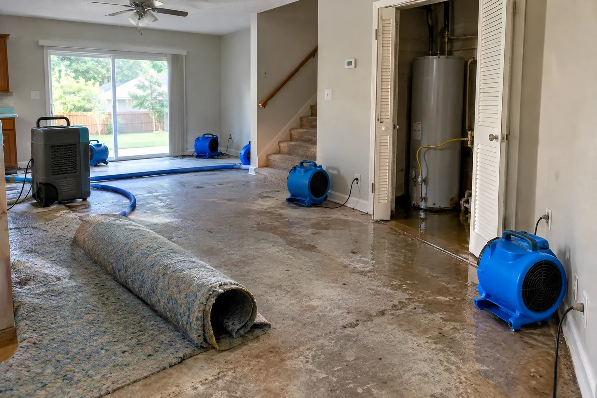 Wet drywall and baseboards being dried in a Raleigh-area home