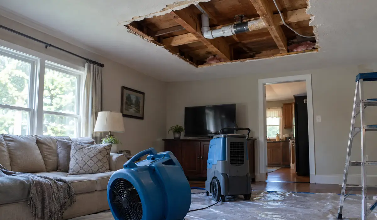 Ceiling drywall removed below a burst pipe with drying equipment running