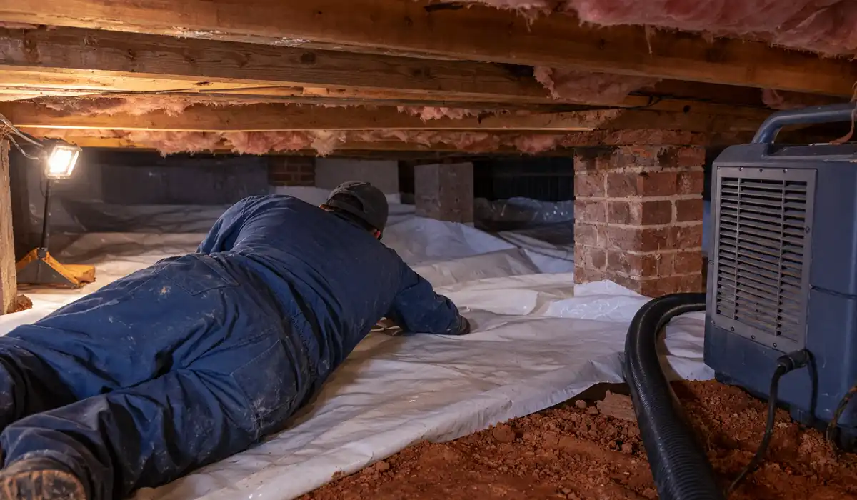 Pump hose and dehumidifier set up in a crawl space with new vapor barrier