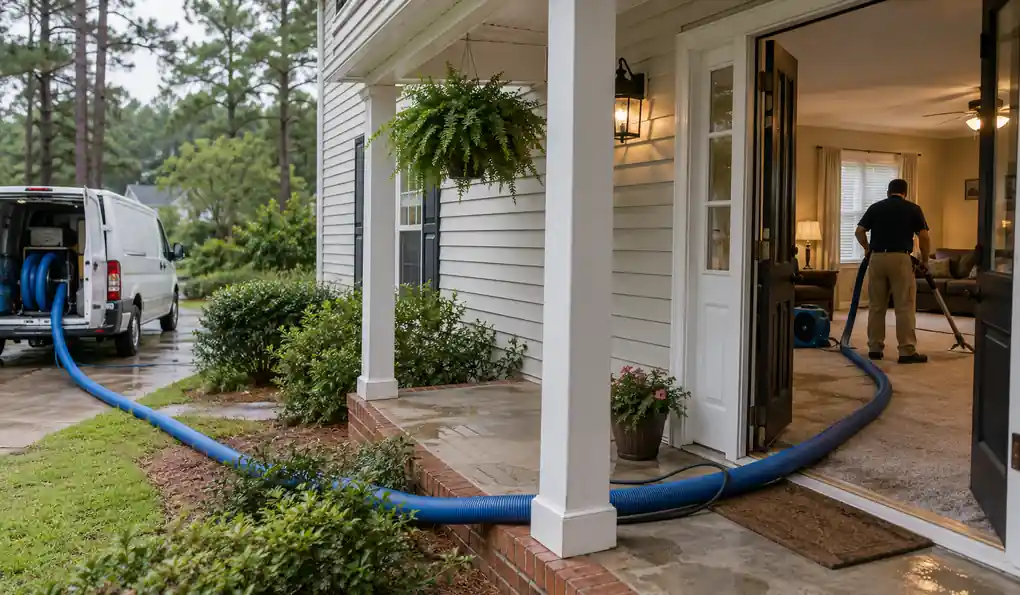 Truck-mounted extraction hose running through a front door into a flooded room