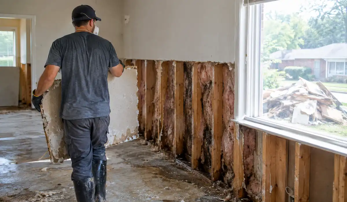 Drywall cut out above a flood line with fans and a dehumidifier running in the room