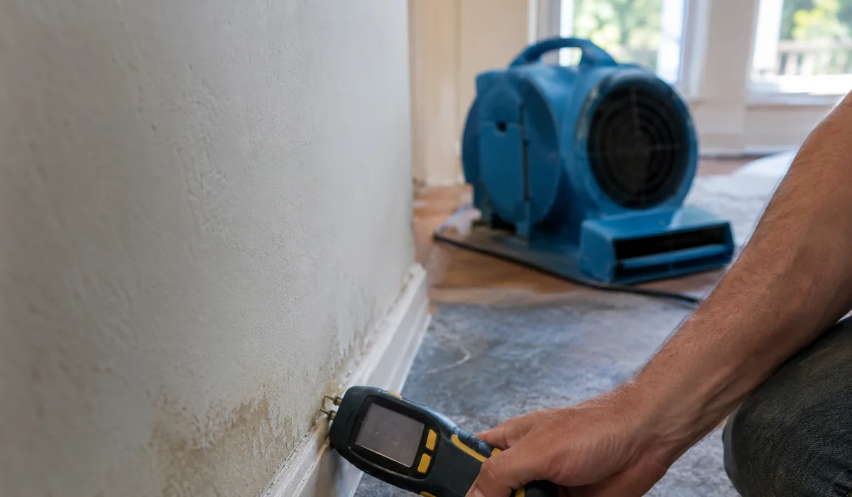 Technician taking a moisture meter reading on baseboard and drywall
