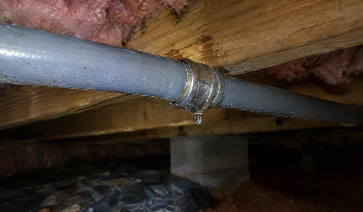 Gray polybutylene supply pipe running through floor joists