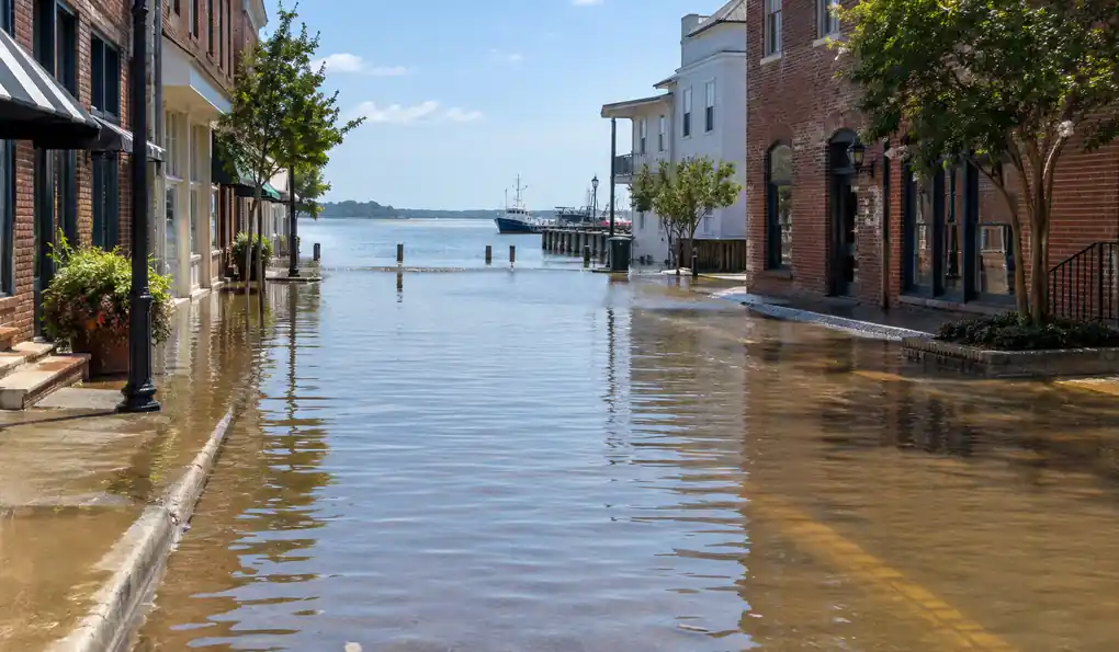 High tide flooding a riverfront street in downtown Wilmington